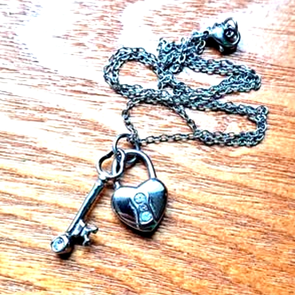 Sweet Little Heart Lock And Key Stainless Steel & CZ Necklace By CHISEL
